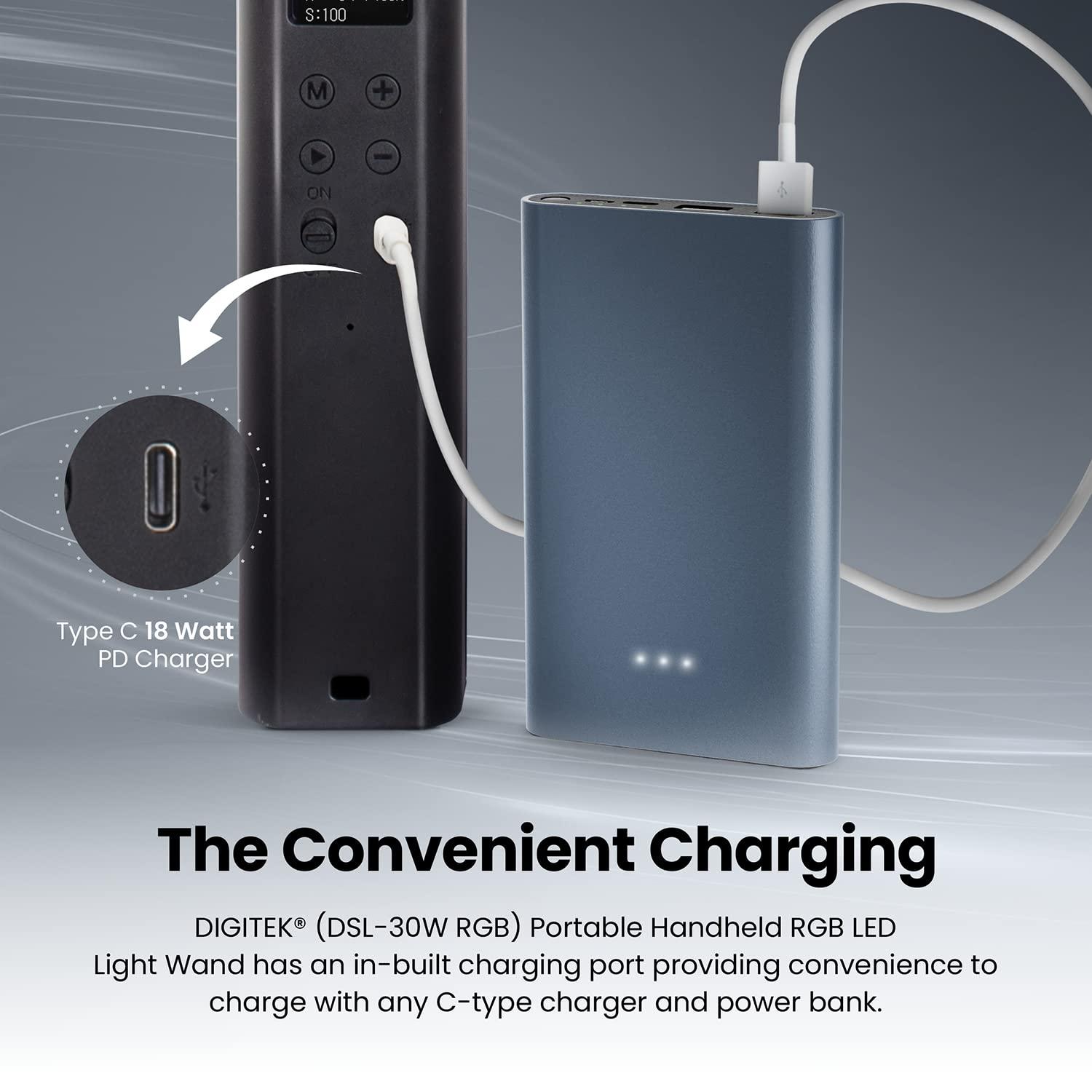 Digitek (DSL-30W RGB) Portable Handheld RGB LED Light Wand with Grid, Diffuser & Barn Door Comes with a 5200mAh Built in Battery Pack. - Digitek